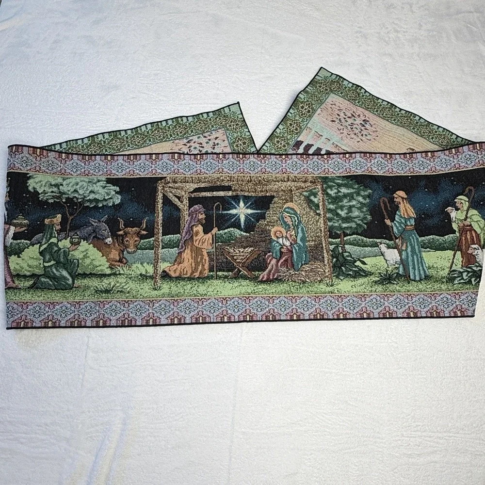 Vintage Christmas Nativity Table Runner 13x72 Woven Tapestry USA Manger Scene